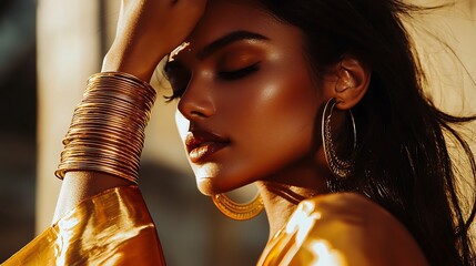 Wall Mural - A woman with gold bangles and hoop earrings is posing for a photo