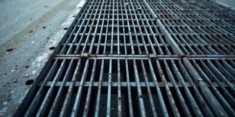 Poster - A weathered steel grating, exhibiting signs of age and environmental exposure, set against a coarse textured surface.
