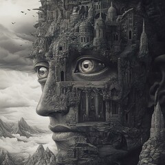 Wall Mural - Surreal Cityscape Within a Face: A Monochromatic Masterpiece