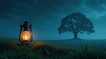 Poster - Nighttime landscape featuring a glowing lantern in tall grass with a large tree silhouetted against a starlit sky