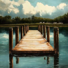 Canvas Print - Tranquil Lake Pier: Serene Landscape Painting