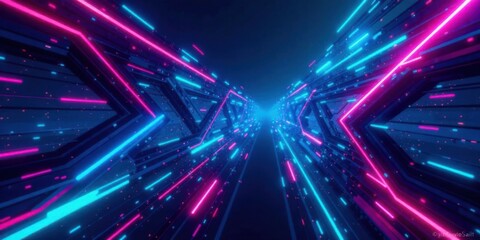 Leinwandbilder - Abstract Neon Corridor Futuristic Digital Tunnel with Vivid Pink and Blue Glowing Lines and Particles