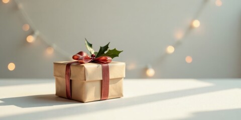 Poster - A single, elegantly wrapped gift box sits on a light surface, bathed in soft, warm light with a festive background