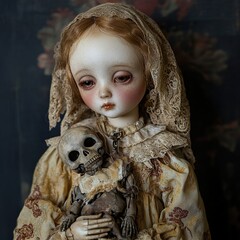 Wall Mural - Gothic Doll with Skeleton: A Dark, Haunting Portrait