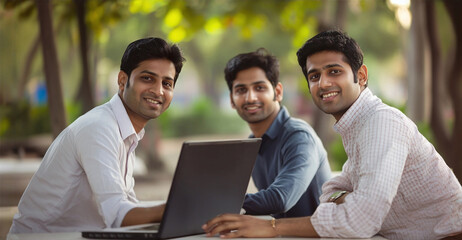 Wall Mural - Group of indian brothers working together on laptop.