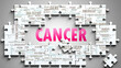 © GoodIdeas - Cancer as a complex subject, related to important topics. Pictured as a puzzle and a word cloud made of most important ideas and phrases related to cancer. ,3d illustration