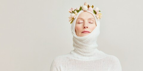Aufkleber - Serene Elegance Woman in Minimalist Knit with Easter Floral Touch