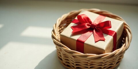 Aufkleber - A delicately wrapped gift, tied with a vibrant red ribbon, rests gently in a woven wicker basket bathed in sunlight.