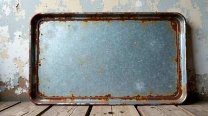 Poster - Rustic Metal Tray with Patina and Aged Texture on Wooden Surface