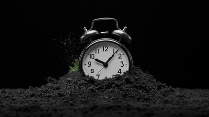 Time Running Out: A vintage alarm clock, buried in a mound of black sand, becomes a stark reminder of the fleeting nature of time.  The image evokes a sense of urgency.