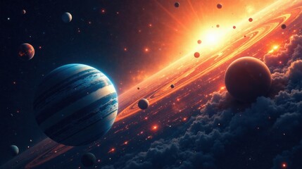 Poster - Cosmic Wonder A Vibrant Planetary System with Glowing Rings and Nebulous Clouds