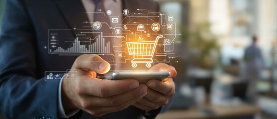 E-commerce or online shopping concept. Businessman using application on smartphone and internet network technology to be shopping online marketplace. Shopping cart hologram, Digital Marketing.