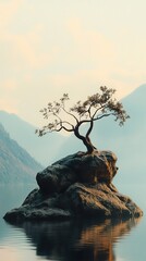 Canvas Print - Serene Lake Landscape: Tree on Rock, Peaceful Nature Scene