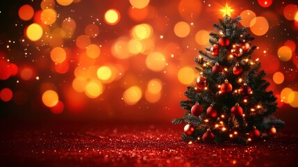 Wall Mural - A glowing Christmas tree with sparkling lights and ornaments against a festive red background with bokeh effects.