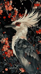 Wall Mural - Dark Fantasy Bird Painting: Mythical Creature in Red Flowers