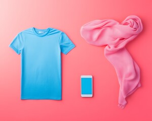 Canvas Print - Vibrant Flat Lay of T-Shirt, Scarf, and Smartphone on Pink Background