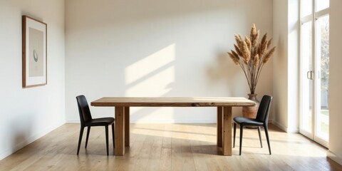 Poster - Minimalist dining room interior design with wooden table and chairs