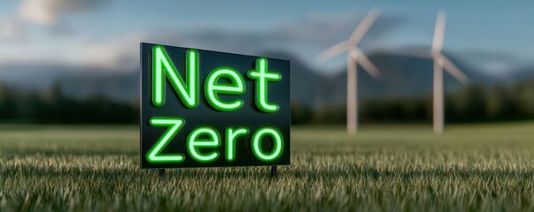 Clean energy power plant with solar panels, wind turbines, and a large Net Zero sign in glowing green letters, symbolizing renewable energy impact. 