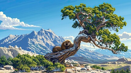 flat vector art, high definition, no noise, no text, graphic design, high detail, realistic, great basin national park, porcupine, twisted juniper tree