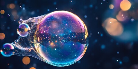 Wall Mural - a detailed view of a soap bubble galaxy set against a dark background, showcasing its vibrant colors