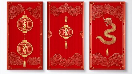 Triptych of red Chinese New Year designs featuring gold lanterns and a dragon.