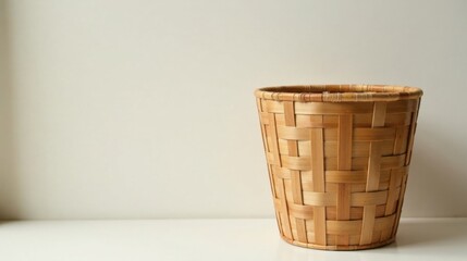 Aufkleber - A Light Brown Woven Bamboo Basket on a White Surface