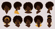 © Anomal - Set of silhouette afro girl. Collection of black woman face with stylized hairstyle. Vector illustration of girl head with stylized haircut.