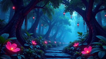 Poster - Enchanted Forest Path at Dusk with Glowing Flowers and Hanging Lanterns