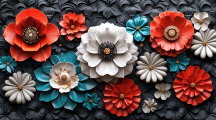 Poster - Elegant 3D Floral Arrangement: Red, White, and Teal Blooms on Dark Background