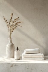 Wall Mural - A white marble table with a stack of towels and a ceramic vase on an empty wall background, a mockup for product display presentation