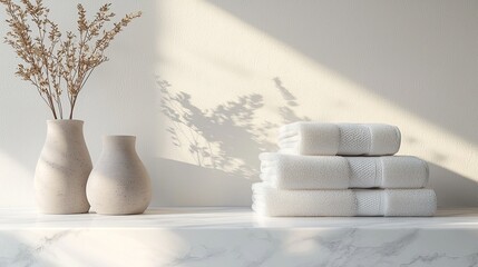 A white marble table with a stack of towels and a ceramic vase on an empty wall background, a mockup for product display presentation