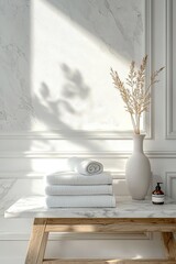 Wall Mural - A white marble table with a stack of towels and a ceramic vase on an empty wall background, a mockup for product display presentation