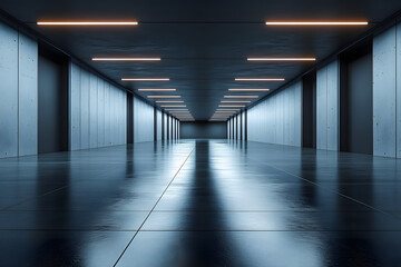 Wall Mural - stock photo features a modern, futuristic, and empty dark room with a 3d design