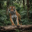 © Jamshed - A tiger sharpening its claws on a fallen tree trunk, surrounded by dense foliage.