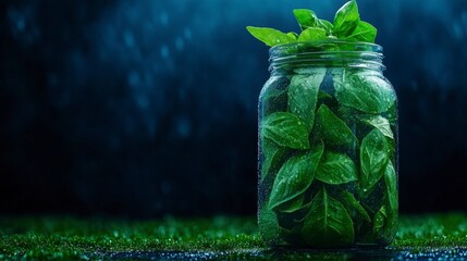 Wall Mural - Freshly picked basil leaves in a glass jar, highlighting vibrant greens and dewdrops in a serene, moody setting