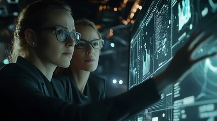 Two women in business suits collaborating on a large screen with data visualization, examining complex information, and focused intently on a glowing display.