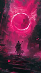 Wall Mural - Crimson Horizon: A solitary figure journeys through a surreal, ruined city under a vibrant pink sky.