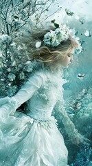 Canvas Print - Enchanted Girl in a White Dress, Surrounded by Butterflies and Flowers