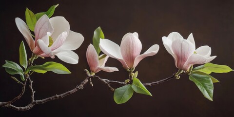 Magnolia blooms in delicate pinkish white, showcasing beautiful magnolia flowers on branches adorned with vibrant green leaves, creating a stunning display of magnolia s natural elegance.