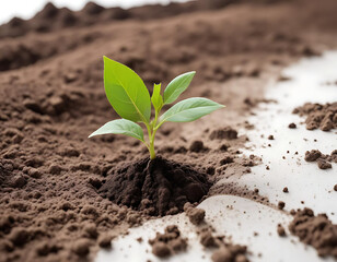 New Growth: A young plant with vibrant green leaves emerges from a patch of rich soil, showcasing the power of growth and the beauty of nature.  