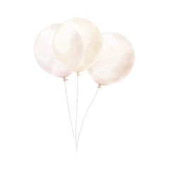 Beige round balloons in a bunch. Watercolor digital illustration. Balloon on a string with a bow isolated on a white background. For the theme of a holiday, birthday, gender reveal party