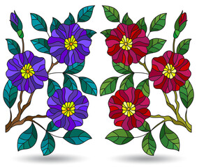 Wall Mural - A set of stained glass illustrations with floral arrangements, flowers isolated on a white background