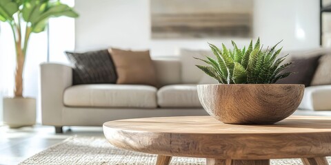 Aufkleber - Modern home interior featuring a stylish wooden table and a spacious living room, showcasing an elegant design that enhances the overall ambiance of the living space. Perfect for your decor