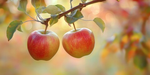 Fototapete - Two apples are suspended from a branch with a soft focus orchard in the background, highlighting the beauty of the apples amidst nature s allure in this enchanting scene.