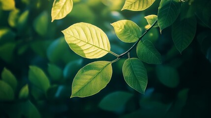 Poster - Morning blooming green leaves showcasing vibrant colors, capturing the fresh essence of nature. These green leaves symbolize renewal and growth in the morning light.
