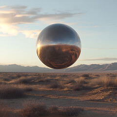 Wall Mural - A brushed metal sphere in the New Mexico desert floating in the air, hd, cinematic lighting