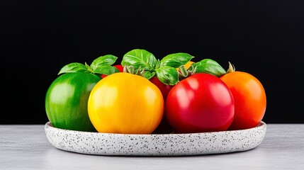 Wall Mural - A vibrant assortment of fresh tomatoes with basil leaves displayed on a speckled white plate against a dark background