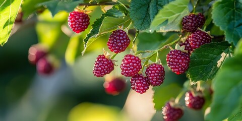 Fototapete - Mulberry fruit and leaves on a tree, showcasing the beauty of mulberry in nature. This image highlights the vibrant mulberry leaves alongside the ripe mulberry fruit.