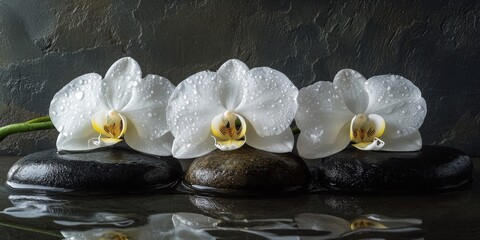 Aufkleber - Still life arrangement featuring three white orchids gracefully positioned on wet zen stones, creating a serene atmosphere that highlights the beauty of the white orchids and natural elements.