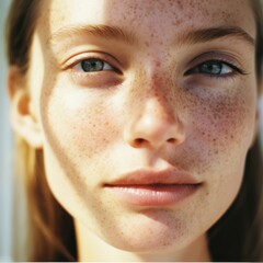 Wall Mural - Closeup woman face skin freckle hairstyle.